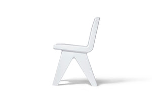 A side profile image of Highcloud White Fresco Dining Chair that's modern and sculptural and is made from waterproof resin.