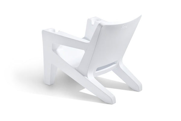 Image of an angled back view of the Highcloud White Bask Lounge Chair made with polyethylene, displayed on a white background.