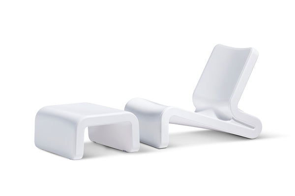 Image of the Highcloud White Line Lounge Chair paired with the Ottoman both made with resin in front of a white background.