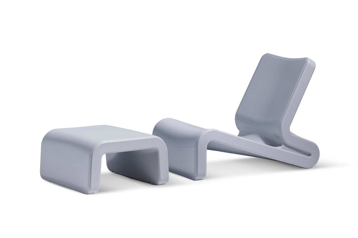 Line Modern In-Pool Lounge Chair of the Concrete Gray Line Lounge chair with the Concrete Gray Ottoman made with resin, in front of a white background.