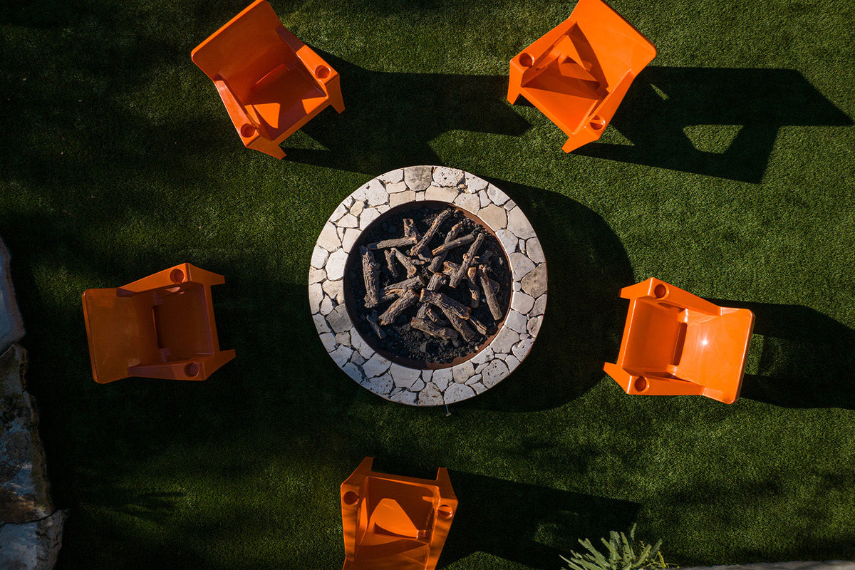 Aerial view of Tupelo Bask Chairs Vintage Orange around a fire pit
