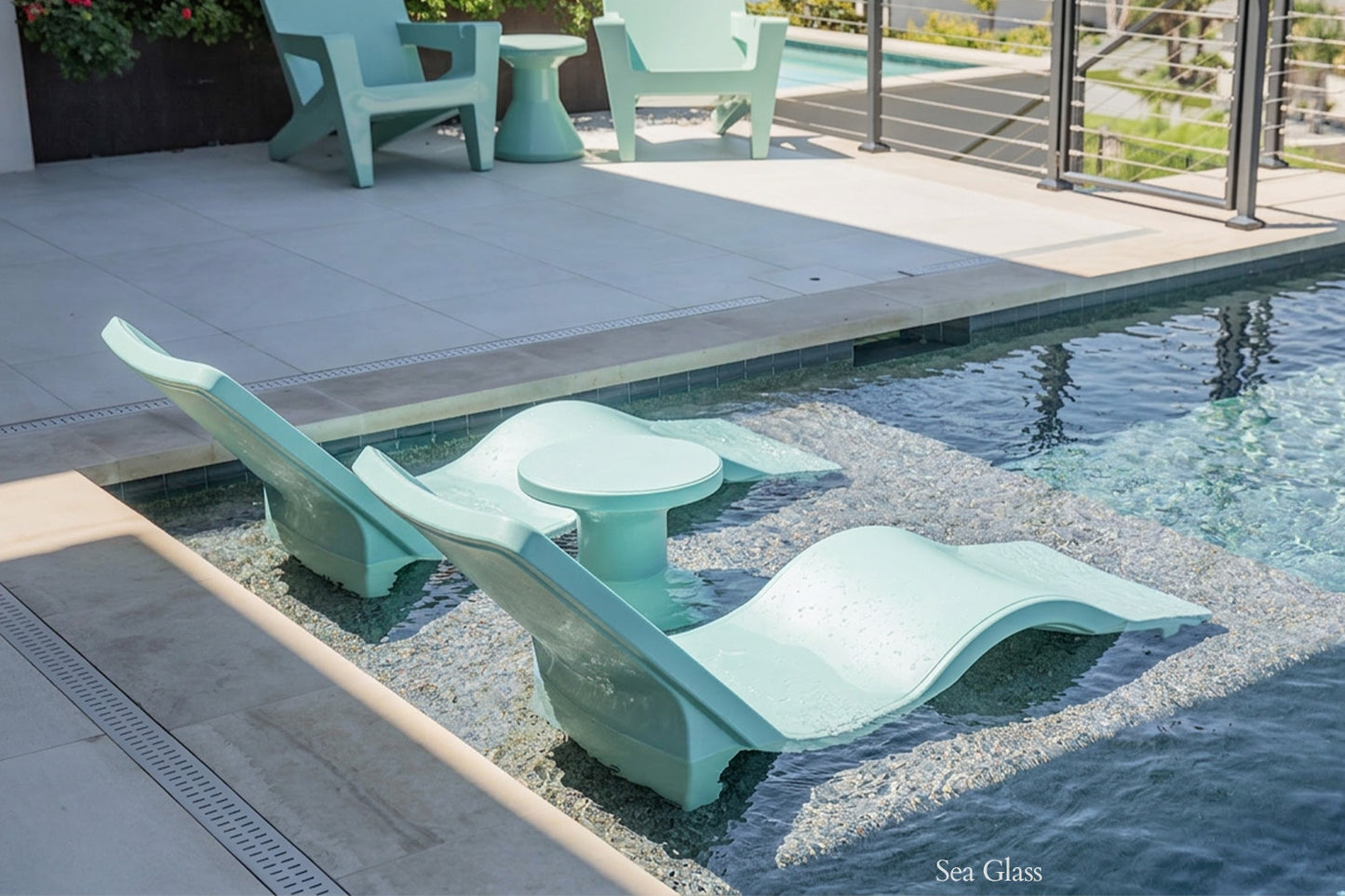 Tupelo Line Chaise Sea Glass with Fluent Side Table Sea Glass in pool