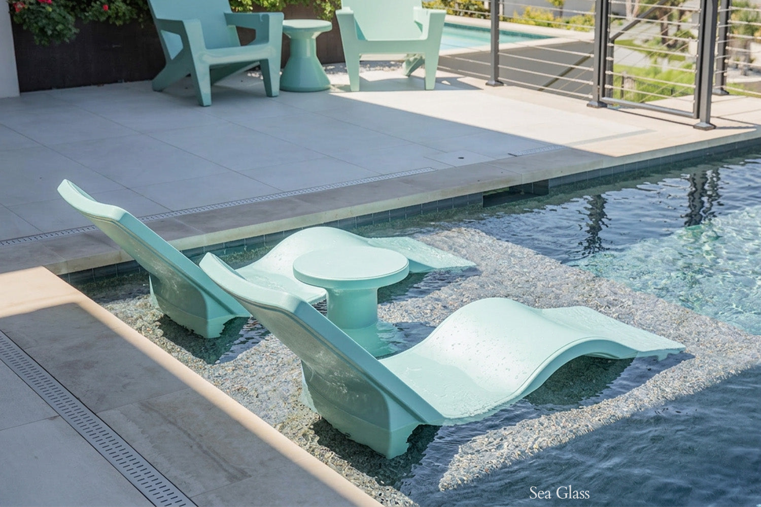 Tupelo Line Chaise Sea Glass with Fluent Side Table Sea Glass in pool