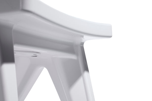 Image shows the lower-side view of the Highcloud White Fresco Dining chair made with resin, displayed on a white background