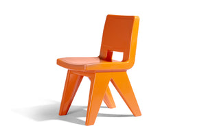 Photo of a modern retro dining chair perfect for indoor or outdoor use. Made of waterproof resin in the color vintage orange.