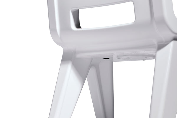 This image shows the back view of the Highcloud white Fresco Dining Chair made with resin, displayed on a white background 