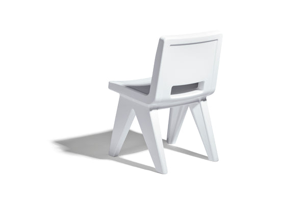 Image of the back of a modern Fresco Dining Chair in the color Highcloud White. It's durable and made from waterproof resin. 