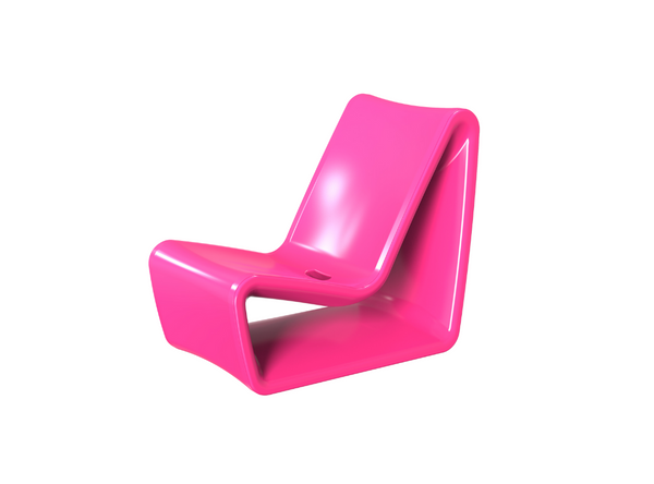 Image of an angled modern Loop Lounge Chair in the limited edition color pink made with resin, shown on a white background.