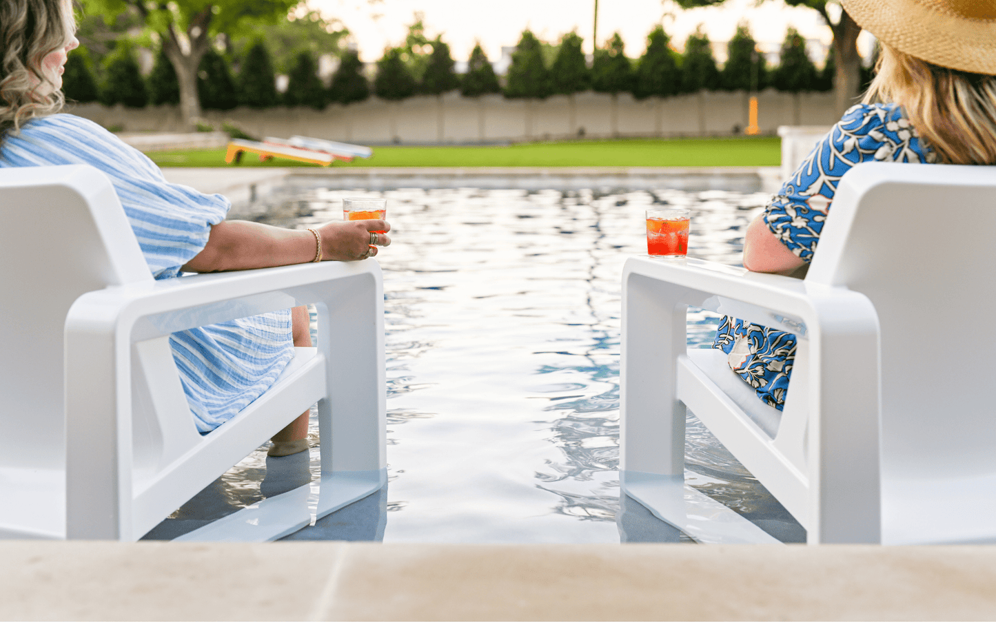 Deck Modern Outdoor Lounge Chair- Tupelo Goods - White Deck Chairs with Ladies Sittting in them Poolside