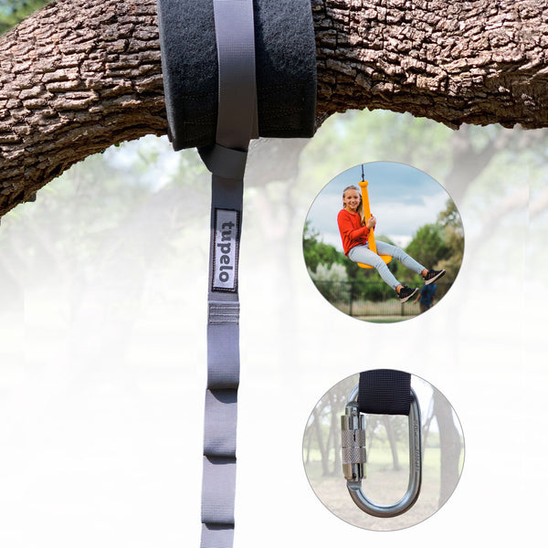 Hanging Kit for Swings that Includes Adjustable Tree Strap for Hanging and a Tree Protector. Shows compatibility with wide range of swings.
