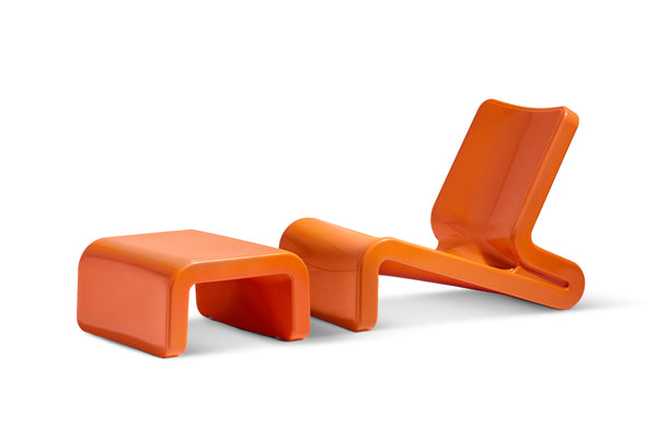 Image of a Vintage Orange Line Lounge Chair with the Vintage Orange Ottoman made with resin, in front of a white background. 