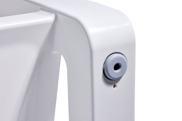 Close-up image of the foot of the Highcloud White Deck Lounge Chair made with polyethylene, displayed on a white background.